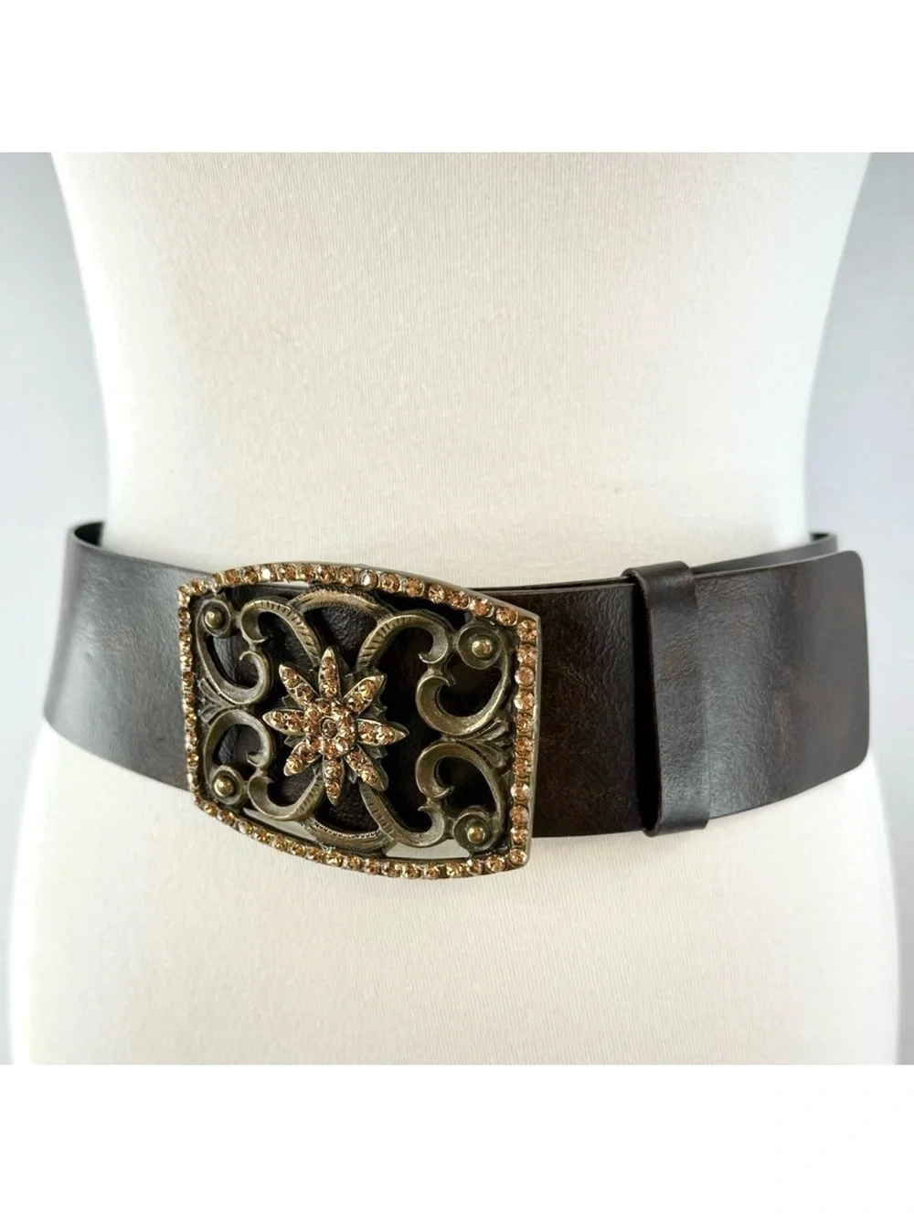 Stunning Brown Leather Wide Belt with Rhinestone Embellished Bronze Buckle